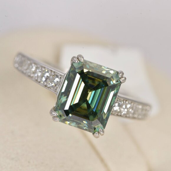 GRA Certified 4ct Blue Green Emerald Cut Moissanite Ring 925 Sterling - Picture 3 of 7